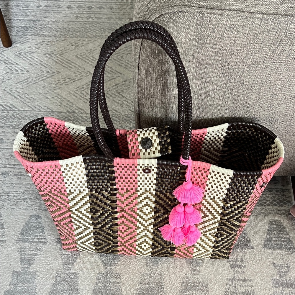 Pink and Brown Woven Beach Tote Bag
